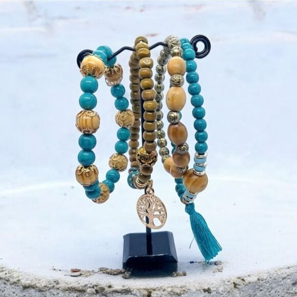 4pc Set Boho Turquoise Beaded Stacked Tree Tassel Charm Bracelet Stretch Beads - Picture 4 of 6